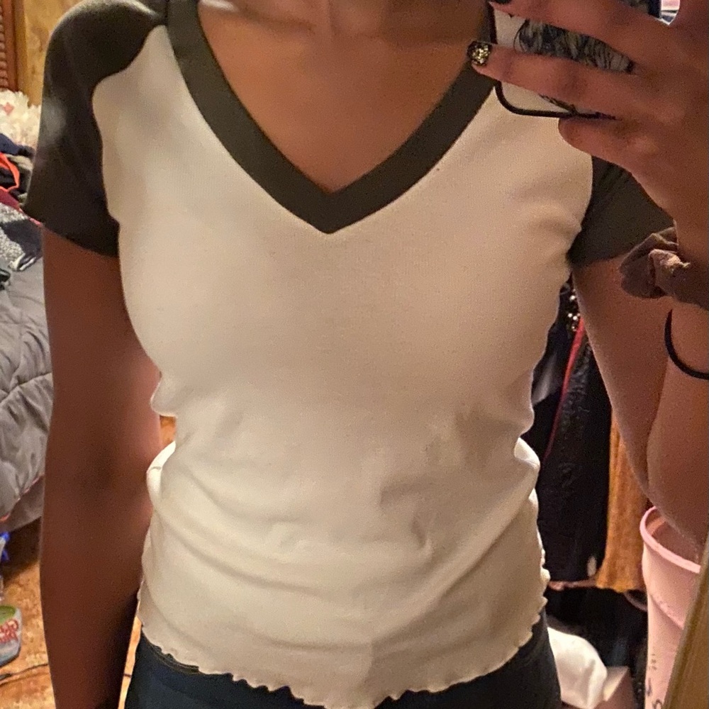 White and green short sleeve top w/ detailed trimming, American Eagle Outfitters